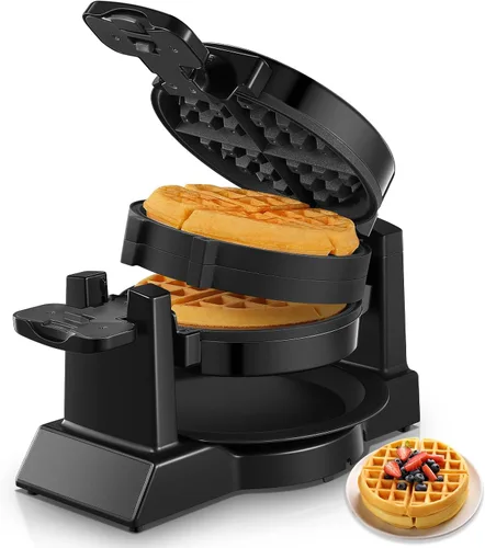 Máquina para hacer gofres, plancha para gofres belga doble de 1400 W, giro de 180°, 8 rebanadas en 3 minutos, platos giratorios y antiadherentes,
