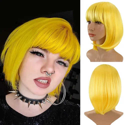 Miniatura 19 de Peluca azul Bob con flequillo de 12 pulgadas, peluca azul real corta de fibra sintética Bob para mujer, pelucas cortas Bob y peluca de cosplay