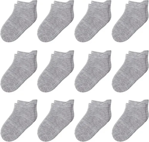 Miniatura 16 de 12 paquetes de calcetines antideslizantes para niños y bebés con agarres, 1-7 años, calcetines de algodón para tobillo para niños y niñas