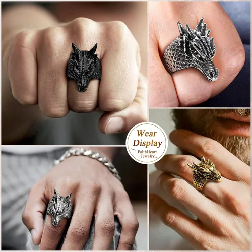 Miniatura 6 de FaithHeart Anillos de dragón punk para hombres y mujeres, acero inoxidablechapado en oro de 18 quilates, joyería de mitología nórdica con delicado