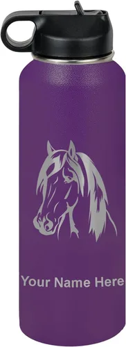 Miniatura 53 de LaserGram Botella de agua personalizada, cabeza de caballo 1, acero inoxidable de doble pared aislada al vacío con popote superior, regalo grabado