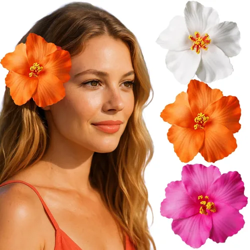 Paquete de 3 pinzas para el cabello de flores hawaianas, 3.5 pulgadas, pinzas para el cabello de flores de hibisco tropicales para mujer, pinzas de