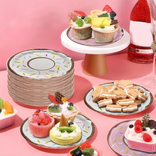 Miniatura 7 de ZULYSTO Juego de vajilla de 175 piezas de platos de papel rosados para 25 invitados, decoraciones desechables, platos de papel de dona, tazas