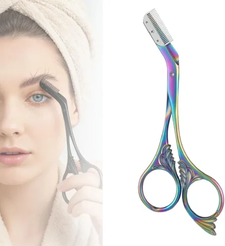 Miniatura 7 de Tijeras de corte de cejas con peine, tijeras de cejas 2 en 1 para mujeres, cortador de cejas de precisión de acero inoxidable, herramienta de Negro
