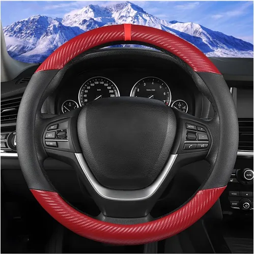 Miniatura 7 de Funda para volante de automóvil, protector de volante de vehículo de fibra de carbono de 14.5 a 15 pulgadas con forro antideslizante, accesorios