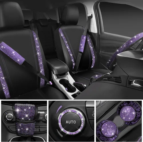 Miniatura 2 de CAR PASS Fundas de asiento de automóvil de cuero con diamantes brillantes, 11 unidades, funda de volante con diamantes de imitación brillantes