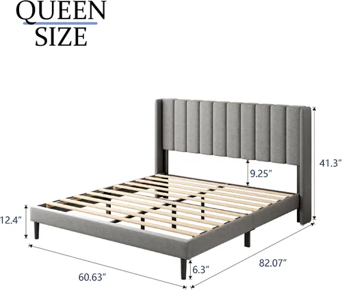 Miniatura 2 de Gruwans Base de cama tamaño Queen con cabecera de cama tapizada con respaldo abatible, base de cama de plataforma de fácil montaje, soporte de claro