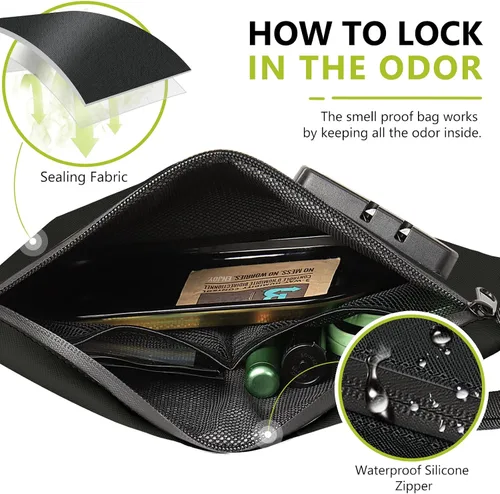 Miniatura 3 de OZCHIN Bolsa a prueba de olores con cerradura de combinación de 10 x 7 pulgadas, bolsa de bloqueo de piel sintética impermeable con cerradura, gran