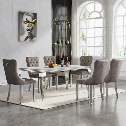 Miniatura 58 de HomVent Juego de mesa de comedor moderna de mármol sintético para 4 personas, mesa de cocina rectangular con 4 sillas beige (dorado)