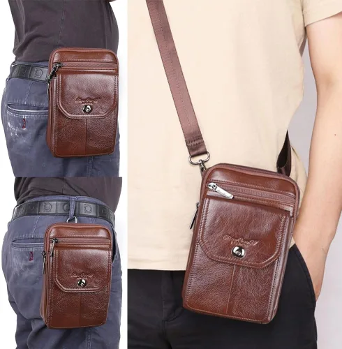 Miniatura 2 de Riñonera de piel de vaca de capa superior para hombre, riñonera lateral, bolsa para teléfono inteligente, modelo 8-marrón