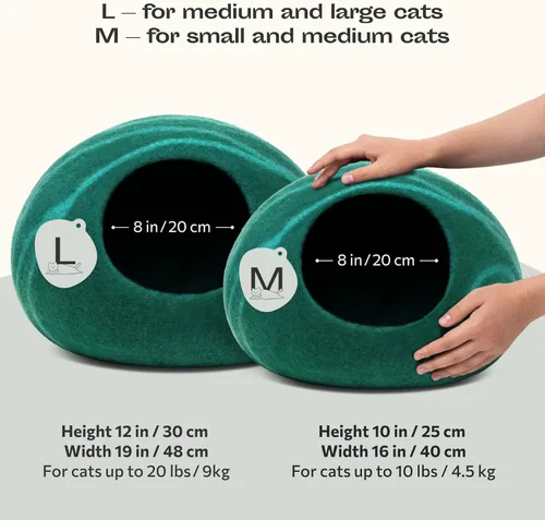 Miniatura 2 de MEOWFIA Cat Cave - Cama de fieltro prémium para gatos de interior, hecha a mano, 100% lana merina, gato (grande, esmeralda)