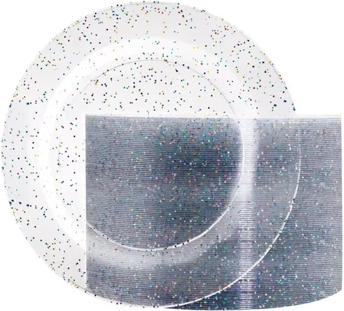 Liacere 100 piezas de platos de plástico con purpurina de colores - transparentes - platos de postre - platos de cena de 7.5 pulgadas con purpurina