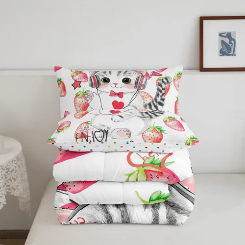 Miniatura 6 de Erosebridal Lindo juego de edredón de gato, tamaño individual, kawaii, fresa, juego de ropa de cama para niñas, diseño de arco iris, edredón rosa