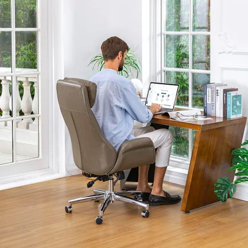 Miniatura 4 de Glitzhome Silla de oficina ejecutiva, silla de escritorio de mediados de siglo con respaldo alto, silla de cuero con soporte lumbar, silla giratoria