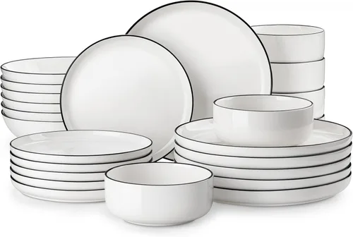 MALACASA Juego de platos y cuencos, juego de vajilla de porcelana moderna de 24 piezas para 6 personas, vajilla de cerámica blanca para cocina y