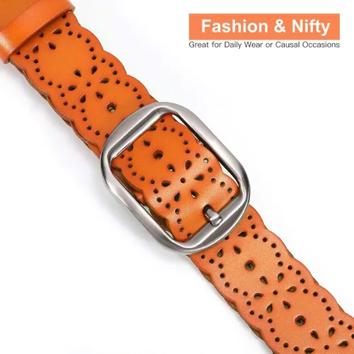 Miniatura 3 de SUOSDEY Cinturones de cuero anchos florales huecos para las mujeres con hebilla de metal ancho de la correa 1.5 pulgadas, A-naranja-marrón