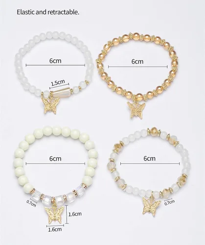 Miniatura 3 de Fuqimanman2020 Juego de 4 pulseras elásticas apilables con cuentas de oro con dije de mariposa de cristal y coloridas pulseras elásticas