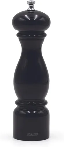 Bisetti Molino de pimienta de madera de haya Firenze de 8,6 pulgadas con molinillo de acero de carbono ajustable, acabado lacado negro