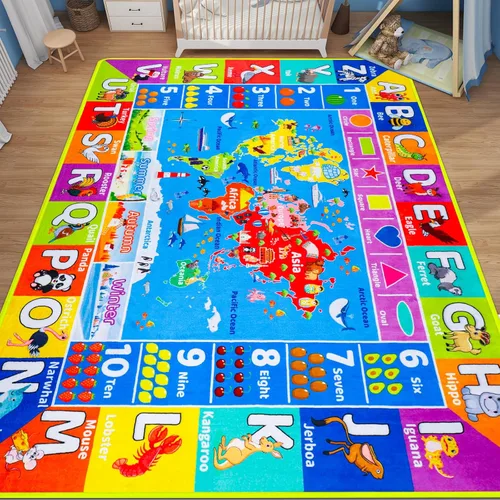 Miniatura 2 de Alfombra Infantil con Mapa Mundial ABC para Sala de Juegos Geografía 59"×39.4" Alfombra de Juego para Aula Alfombra Educativa para Bebé Alfombra