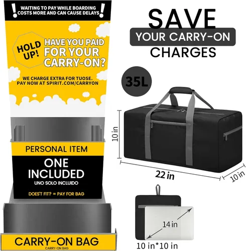 Miniatura 3 de Bolsa de lona plegable de 22 pulgadas, pequeña bolsa de equipaje ligera para viajes, gimnasio, deporte, Negro -, Bolsa de lona pequeña
