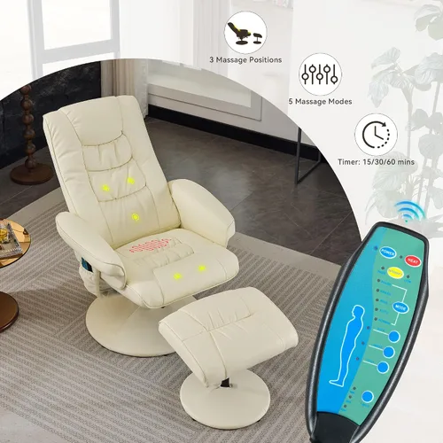 Miniatura 5 de Silla reclinable con otomana, silla de masaje giratoria de 360° con reposapiés, masaje de vibración de 5 puntos, calefacción de asiento y respaldo