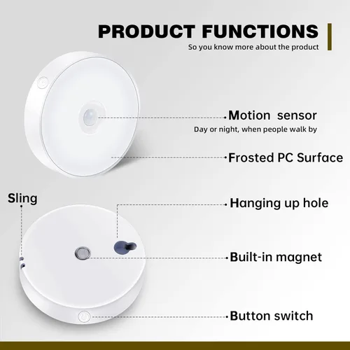 Miniatura 8 de LAVAED Paquete de 4 luces de disco con sensor de movimiento para interiores, luces LED de armario, luces nocturnas recargables por USB, 9 LED, 6000