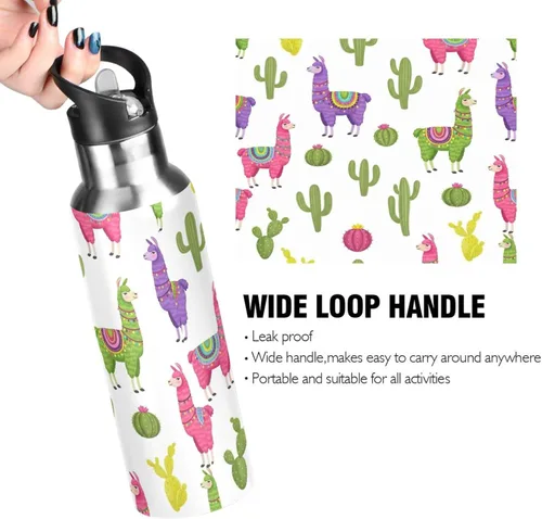 Miniatura 4 de Insulated Stainless Steel Water Bottle with Straw 20 Oz, Leakproof Water Bottles for Gym Outdoor Travel School, Colorful Llamas Cactus Cute