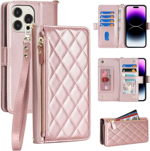 Miniatura 22 de Funda compatible con iPhone 13 Pro Max para Apple 12 Pro Max, piel sintética naranja, rombo para mujeres y hombres, bolsillo con cremallera