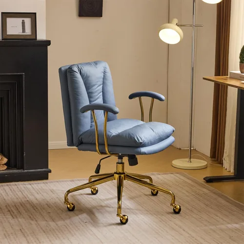 Miniatura 12 de VINGLI Silla de escritorio para oficina en casa, cómoda con ruedas y reposabrazos extraíbles, silla de tocador con base dorada con respaldo, silla