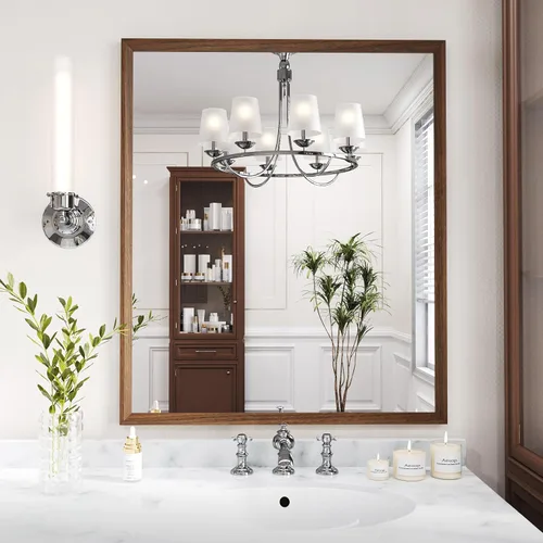 Miniatura 113 de WEER - Espejo de baño dorado, espejo de 40x32 pulgadas con marco de metal dorado cepillado, espejo de tocador de baño de oro para pared