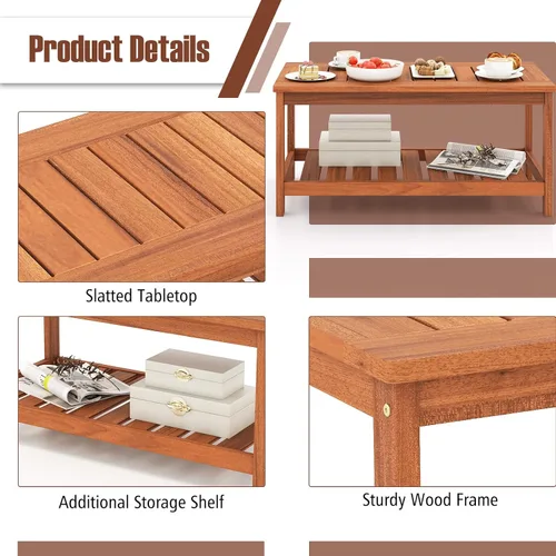 Miniatura 8 de HAPPYGRILL Mesa auxiliar de patio, mesa auxiliar de doble nivel con estructura de madera maciza, mesa de listones y estante, mesa de centro
