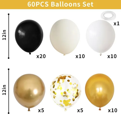 Miniatura 2 de Dagelar Globos de color negro, dorado y beige, 60 globos de arena negra dorada y blanca, globos de fiesta con confeti dorado metálico