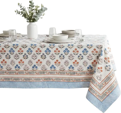 Miniatura 60 de ATOSII Mantel 100% algodón, Amara, floral, hecho a mano, rectangular, de lino, para cocina, comedor, fiestas, bodas, exteriores, picnics, Pascua