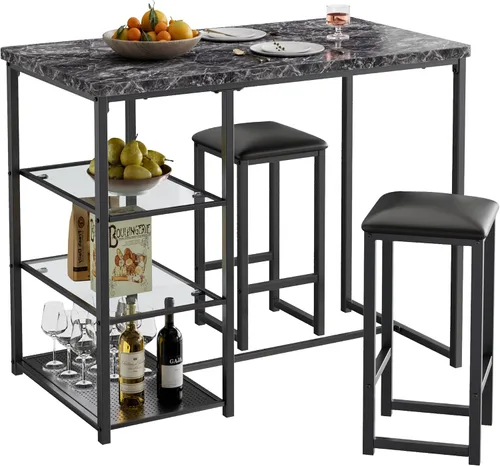 VECELO juego de mesa de bar pequeña y sillas para 2, taburetes tapizados y estantes de almacenamiento de vidrio, para cocina, comedor, rincón de