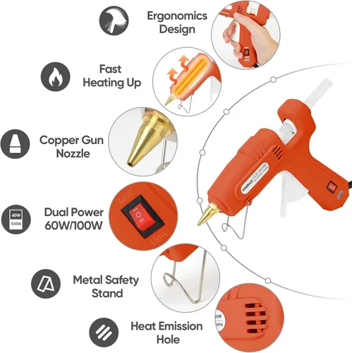 Miniatura 2 de Pistola de pegamento caliente de tamaño completo ROMECH con alimentación dual de 60/100W y 21 barras de pegamento caliente (7/16"), pistola