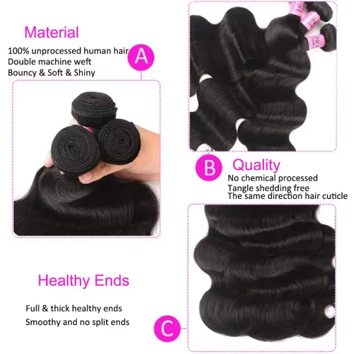 Miniatura 4 de UNice 4 manojos de cabello humano brasileño ondulado, 100% real, sin procesar, extensiones de cabello humano virgen, color negro natural, 20, 22
