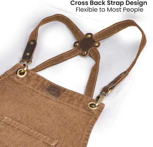 Miniatura 4 de LEATHER VILLAGE Delantales de chef para hombres y mujeres con bolsillos grandes, delantal de trabajo ajustable de lona de algodón con espalda Canela