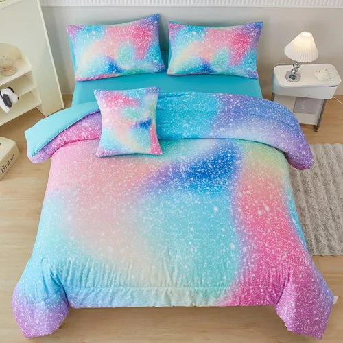 Miniatura 9 de PERFEMET Juego de edredón tamaño Queen con sábanas, juego de ropa de cama de 6 piezas con teñido anudado arcoíris para niñas, juego de edredón Azul