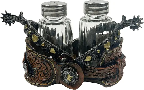 Miniatura 8 de Urbalabs Western Saddle Wagon Wheel Spur and Belt Country Star Cowboy Roper Star - Salero y pimentero con hebilla de estrella, carrito para mesa