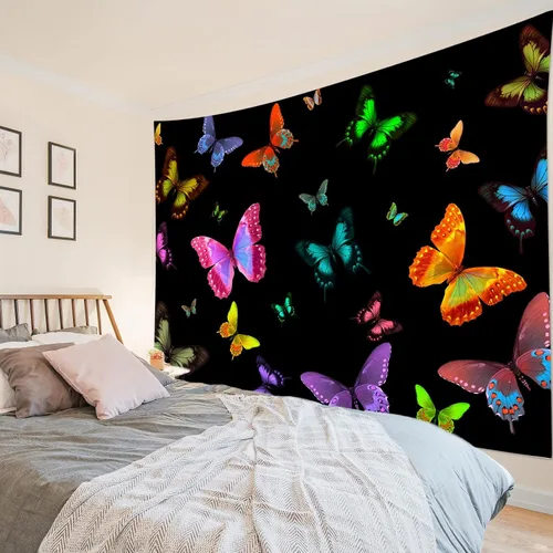 Miniatura 4 de LB Tapiz de mariposa Trippy para colgar en la pared, manta de tapiz estético psicodélico negro, decoración de pared de insectos de polilla colorida