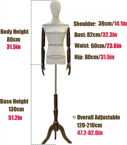 Miniatura 7 de Cuerpo de torso de maniquí femenino con soporte de trípode de madera, altura ajustable de 47.2 a 82.6 pulgadas, forma de vestido, costura simulada
