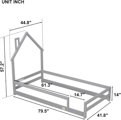 Miniatura 2 de Cama de suelo de tamaño individual con cabecera en forma de casa, cama individual de madera para niños con rieles, cama de piso individual