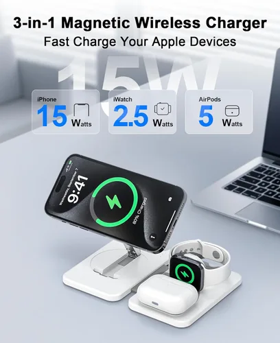 Miniatura 2 de Cargador inalámbrico magnético 3 en 1 para múltiples dispositivos Apple, estación de carga rápida plegable - Soporte de cargador Magsafe