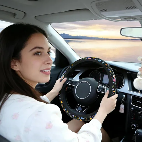Miniatura 2 de Funda para volante de automóvil para mujeres y hombres, volante antideslizante y transpirable, protector de volante de flores silvestres, accesorios