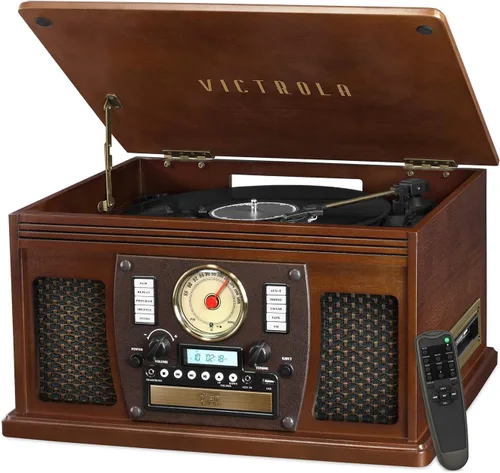 Victrola Navigator - Reproductor de discos Bluetooth 8 en 1 con altavoces integrados, tocadiscos de 3 velocidades, reproductor de CD, cassette,