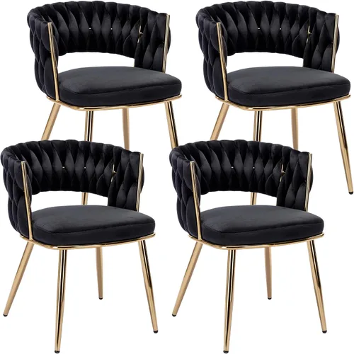 Miniatura 10 de Juego de 2 sillas de comedor tejidas, modernas sillas de comedor tejidas a mano con patas de metal negro, sillas tapizadas con marco negro