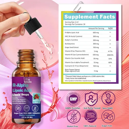 Miniatura 8 de R Ácido Alfa Lipoico 600mg Gotas Líquidas para Neuropatía, Suplemento R-ALA Estabilizado Avanzado 11-en-1 con Benfotiamina Acetil L-Carnitina
