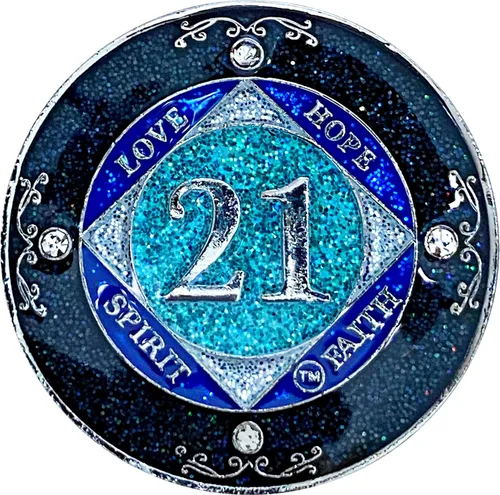Miniatura 41 de NA 1 año de cristales y medallón de purpurina, moneda chapada en color plateado, arco iris negro, purpurina azul y cuatro cristales transparentes