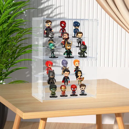Miniatura 7 de Vitrina de acrílico de 2 niveles para coleccionables, cajas de exhibición transparentes con estantes y puerta, escaparate de minifiguras de encimera