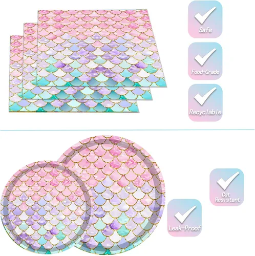 Miniatura 7 de Juego de vajilla de 96 piezas de platos y servilletas de sirena, suministros para fiesta de cumpleaños de sirena, decoración de fiesta de cumpleaños